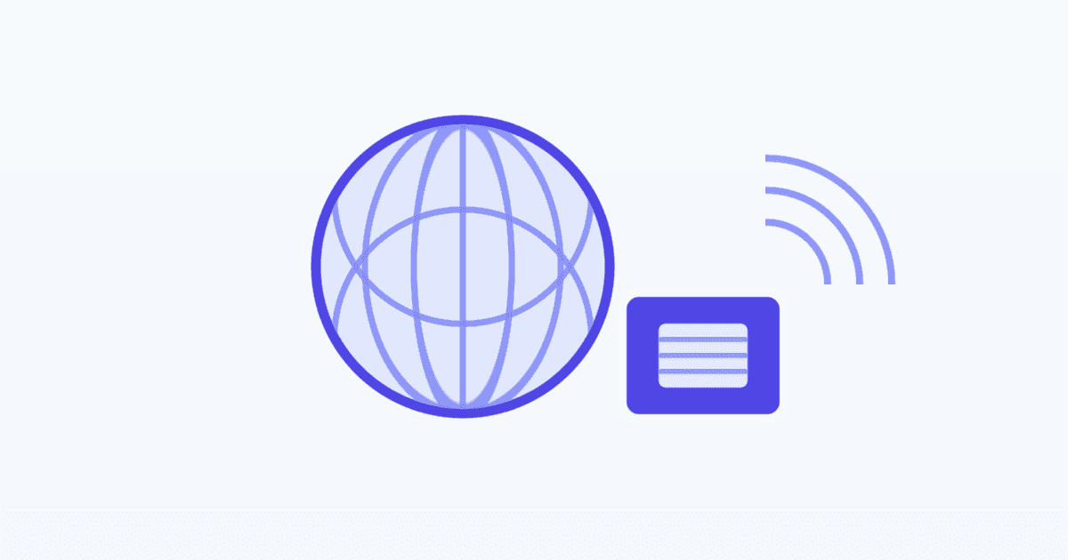 A globe with an eSIM chip and signal arcs